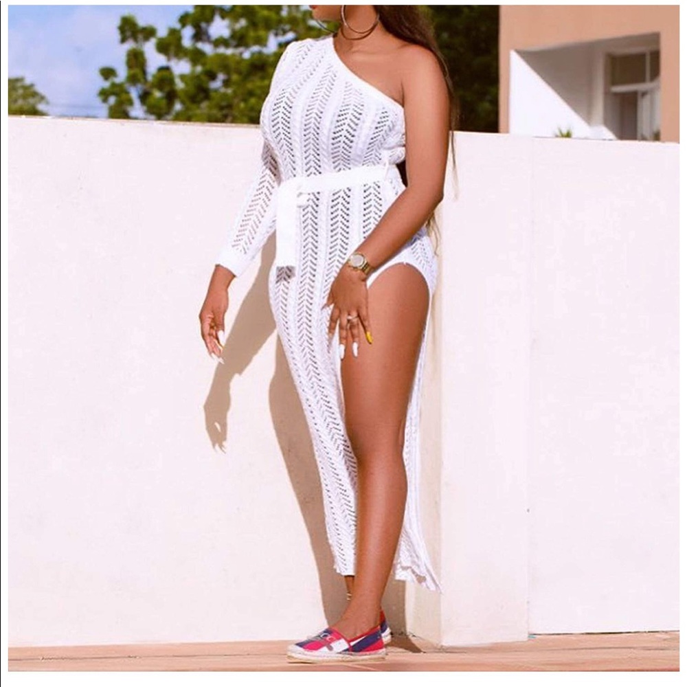White crochet one shoulder beach maxi dress slit
